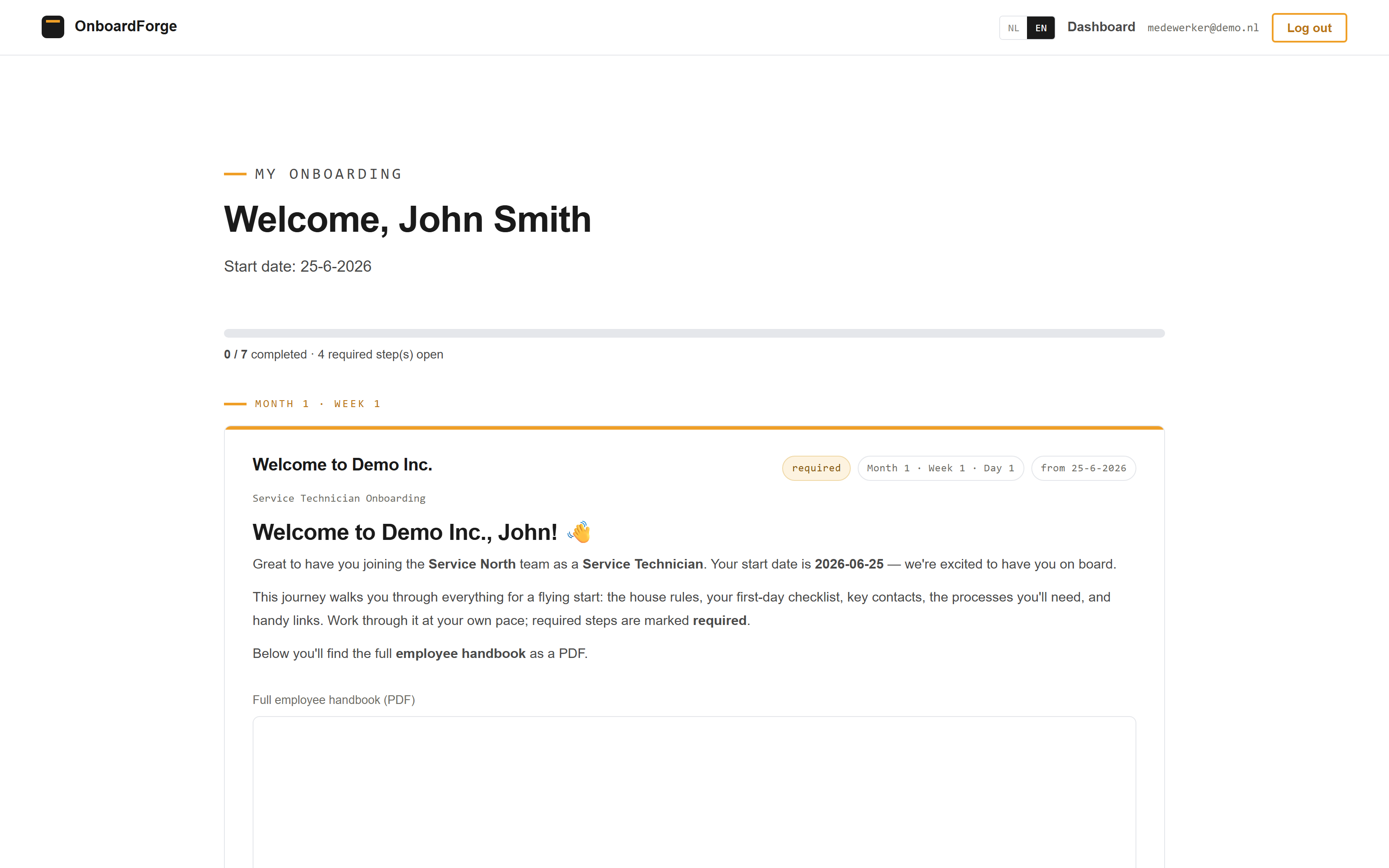 OnboardForge — persoonlijk onboardingtraject met voortgang en planning op maand·week
