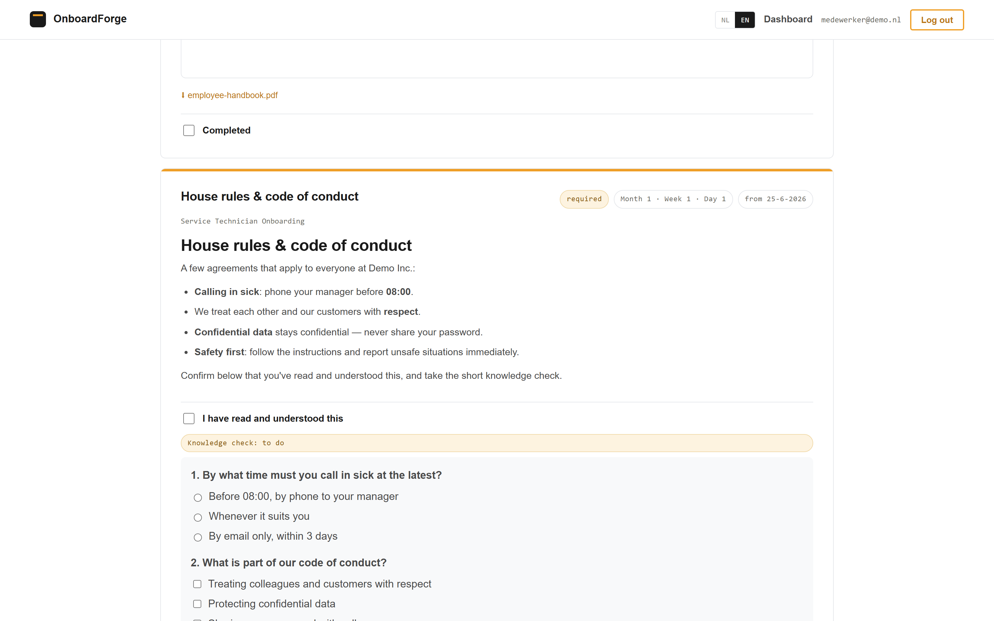 OnboardForge — versie-gebonden 'gelezen en begrepen'-akkoord met kennischeck