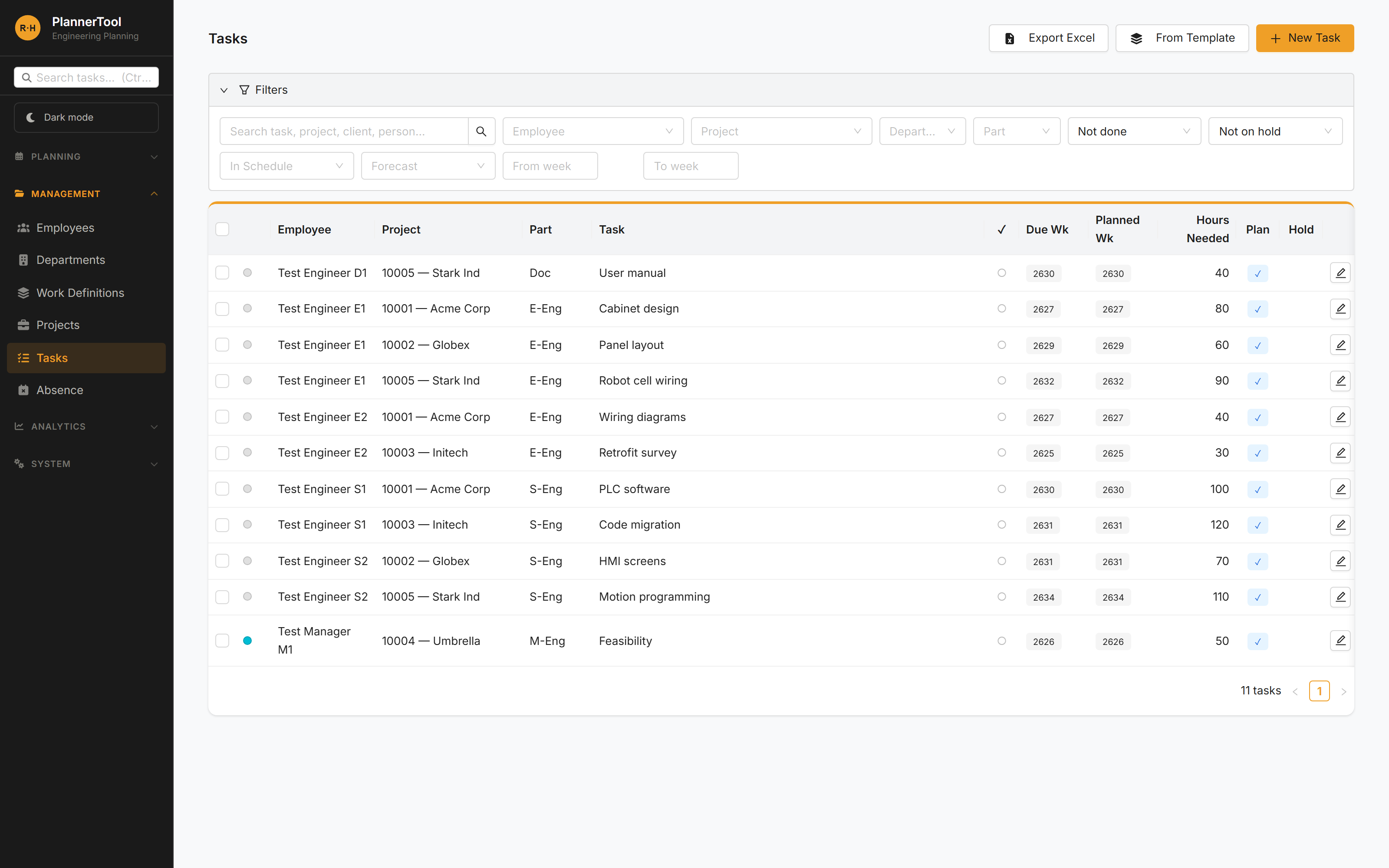 PlannerTool — takenbeheer met filters en Excel-export (demodata)