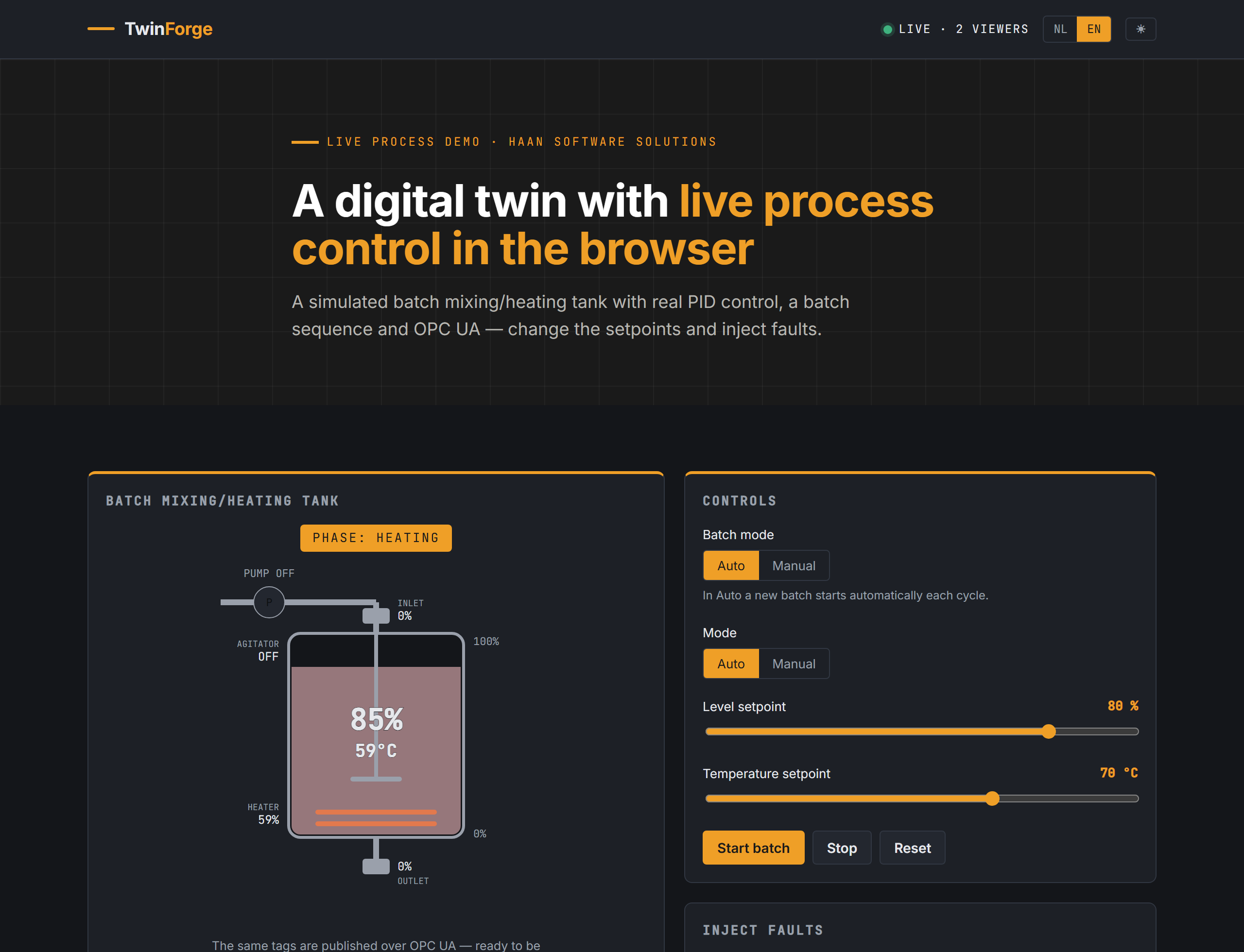 TwinForge — tweetalige interface (NL/EN) met trend en bediening