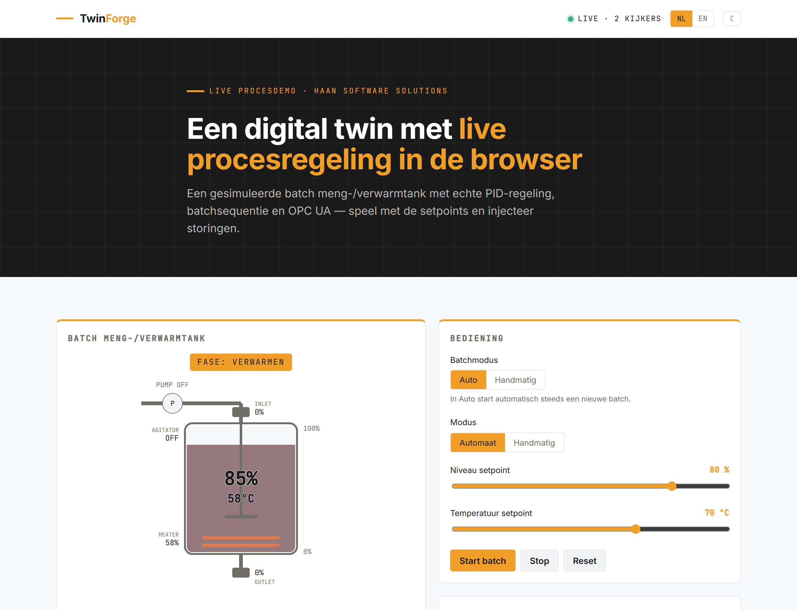 TwinForge — light mode in de huisstijl, met batch-automaat en setpoint-bediening